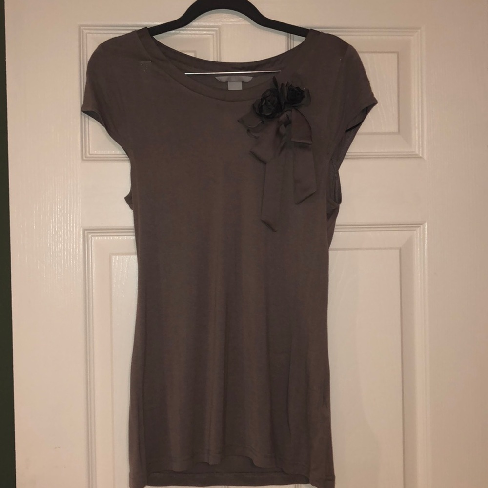 H & M. Embellished taupe tee shirt.